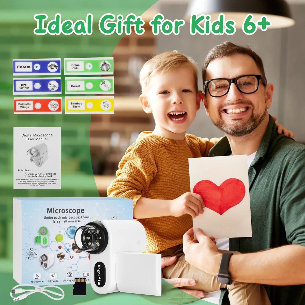 1Pc 3 in 1 Kids Microscope Telescope Camera 1,000X Handheld USB Mini Microscope with LED Light 6 Sample Slides 32G MMC Card for Boys Girls Aged 6 Years Old