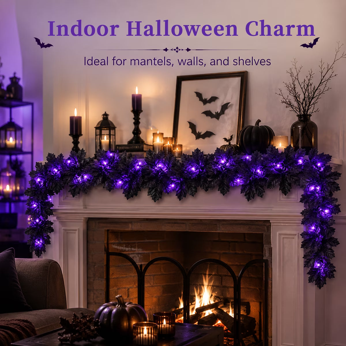 Halloween Garlands Black Maple Leaf Garland with Light for Halloween Porch Indoor Outdoor Décoration Artificial Vines for Halloween Home Party Supplies 11.48Ft Black