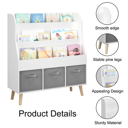 Kids Bookshelf with 3 Fabric Storage Bins, White Wooden Book Display Organizer for Toddlers and Children, Front-Facing Book Rack with Pine Legs for Playroom, Nursery, or Bedroom