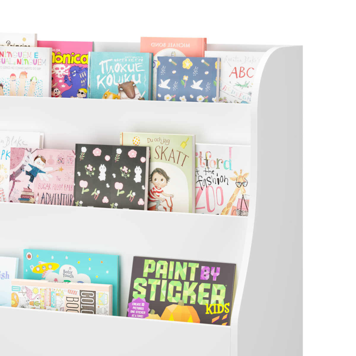 Kids Bookshelf with 3 Fabric Storage Bins, White Wooden Book Display Organizer for Toddlers and Children, Front-Facing Book Rack with Pine Legs for Playroom, Nursery, or Bedroom