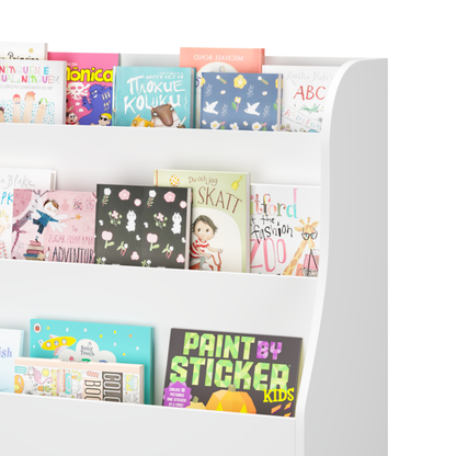 Kids Bookshelf with 3 Fabric Storage Bins, White Wooden Book Display Organizer for Toddlers and Children, Front-Facing Book Rack with Pine Legs for Playroom, Nursery, or Bedroom
