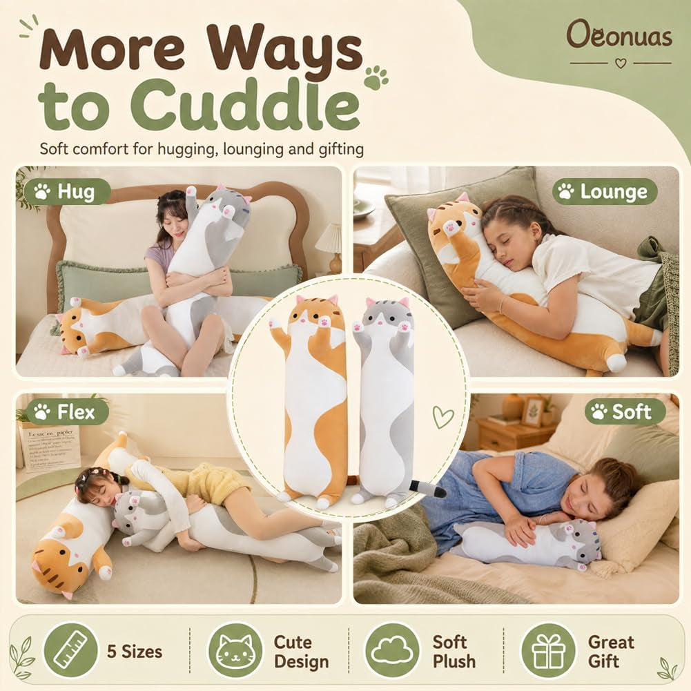 Cute Cat Plush Long Body Pillow Cuddle Cartoon Stuffed Animals Cat Plushie Soft Doll Pillows Gifts for Kids Girls (Orange, 19")