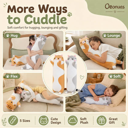 Cute Cat Plush Long Body Pillow Cuddle Cartoon Stuffed Animals Cat Plushie Soft Doll Pillows Gifts for Kids Girls (Orange, 19")