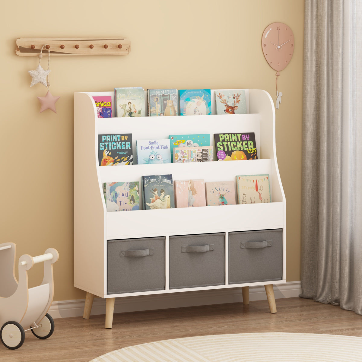 Kids Bookshelf with 3 Fabric Storage Bins, White Wooden Book Display Organizer for Toddlers and Children, Front-Facing Book Rack with Pine Legs for Playroom, Nursery, or Bedroom