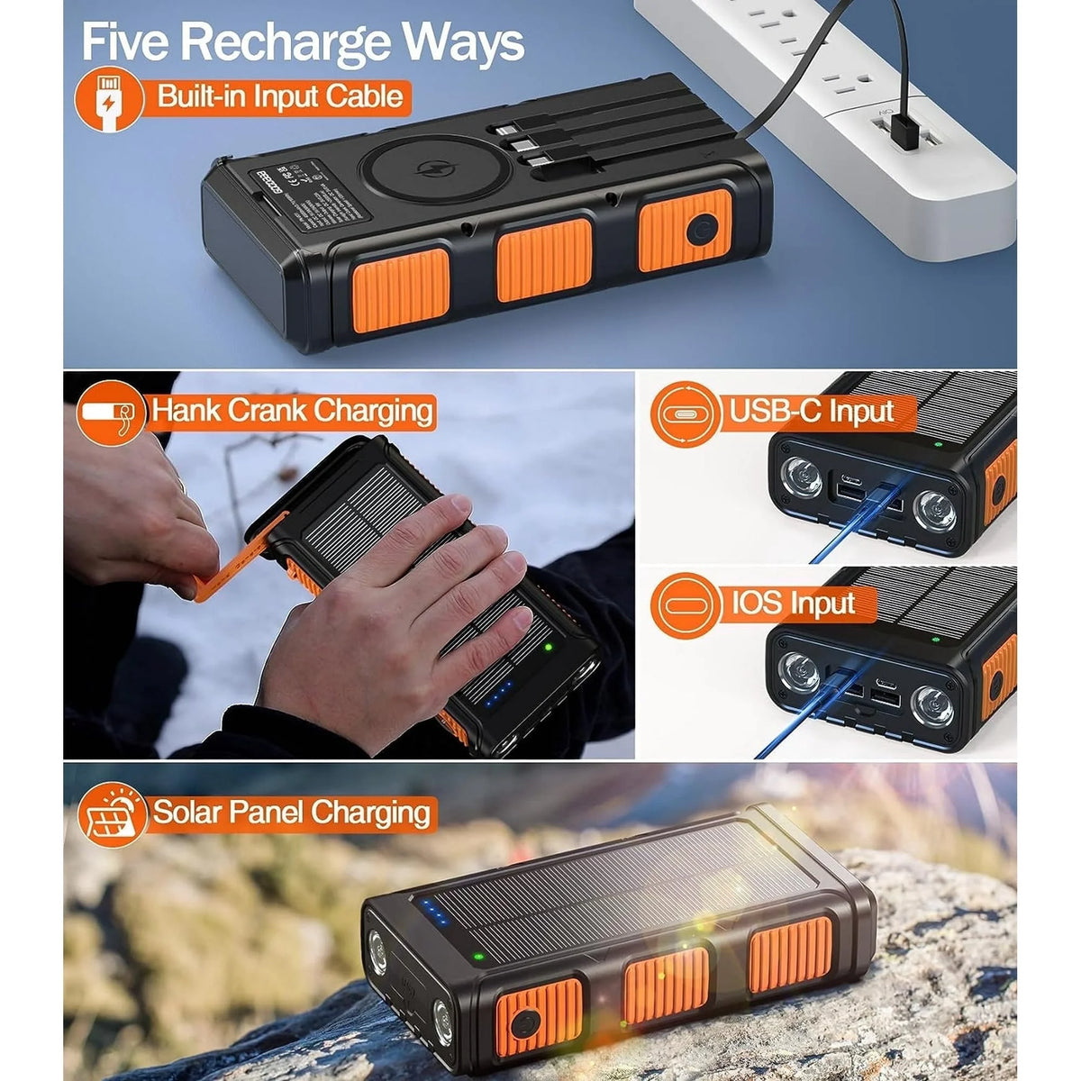 45800Mah Solar Power Bank 15W with Hand Crank & Cables & Wireless Charger, Solar Charger Compatible for Iphone & Android Phone