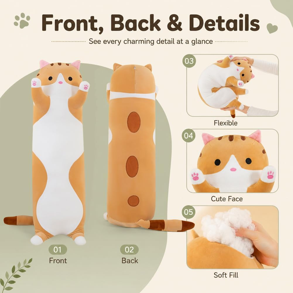 Cute Cat Plush Long Body Pillow Cuddle Cartoon Stuffed Animals Cat Plushie Soft Doll Pillows Gifts for Kids Girls (Orange, 19")