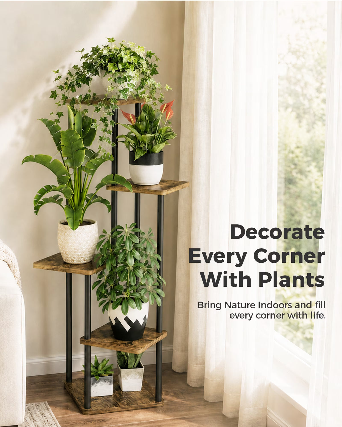 Tall Plant Stand Indoor 5 Tier Metal Plant Shelf Brown Plant Stand for Multiple Plants Small Plants Pots Flower Stand Pot Holder for Patio Garden Corner Balcony Living Room