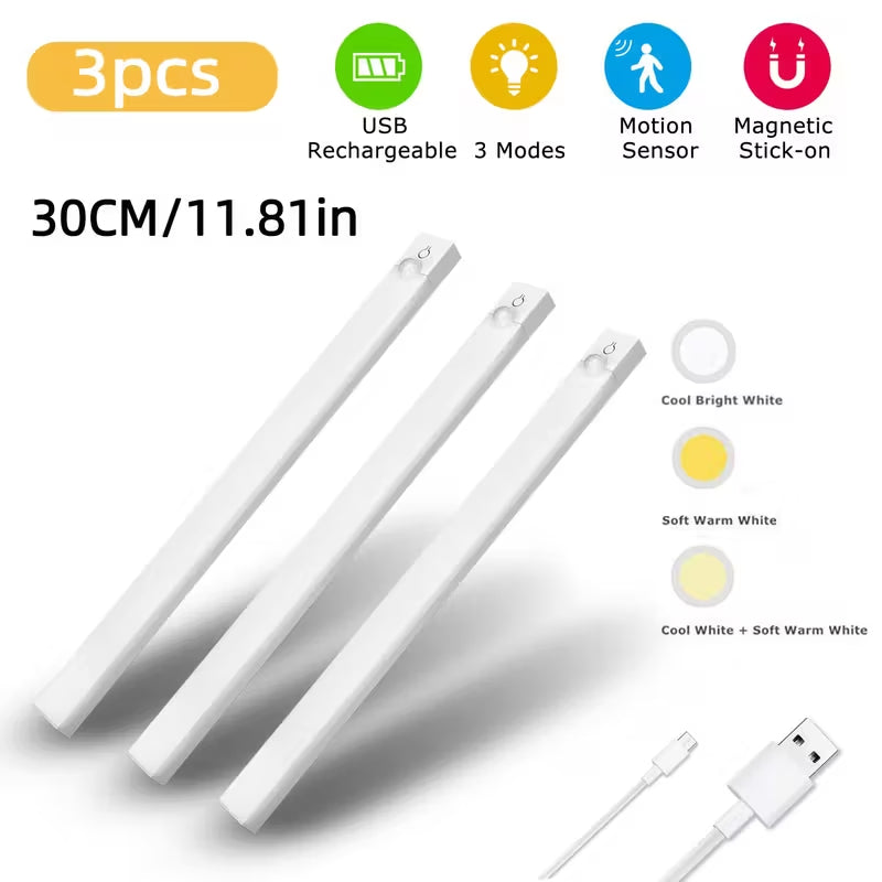 3Pack LED Motion Sensor Cabinet Lights USB Rechargeable Dimmable under Counter