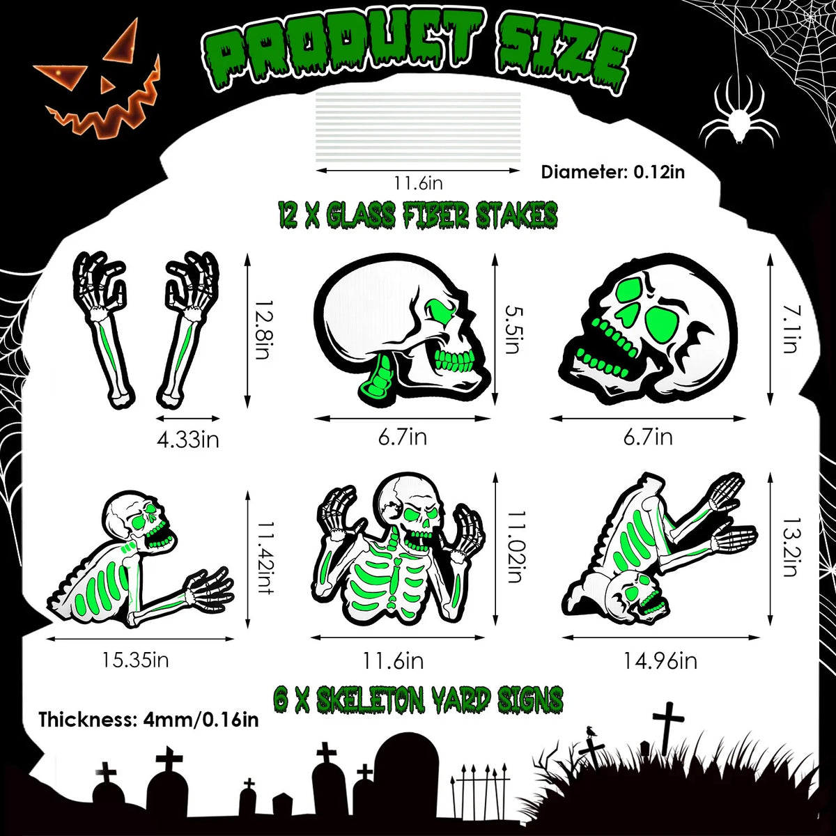 6Pcs Skull or 6Pcs Tomb or 5Pcs Black Cat Halloween Yard Sign Decorations Glow in the Dark for Haunted House Garden Yard and Scary Theme Party