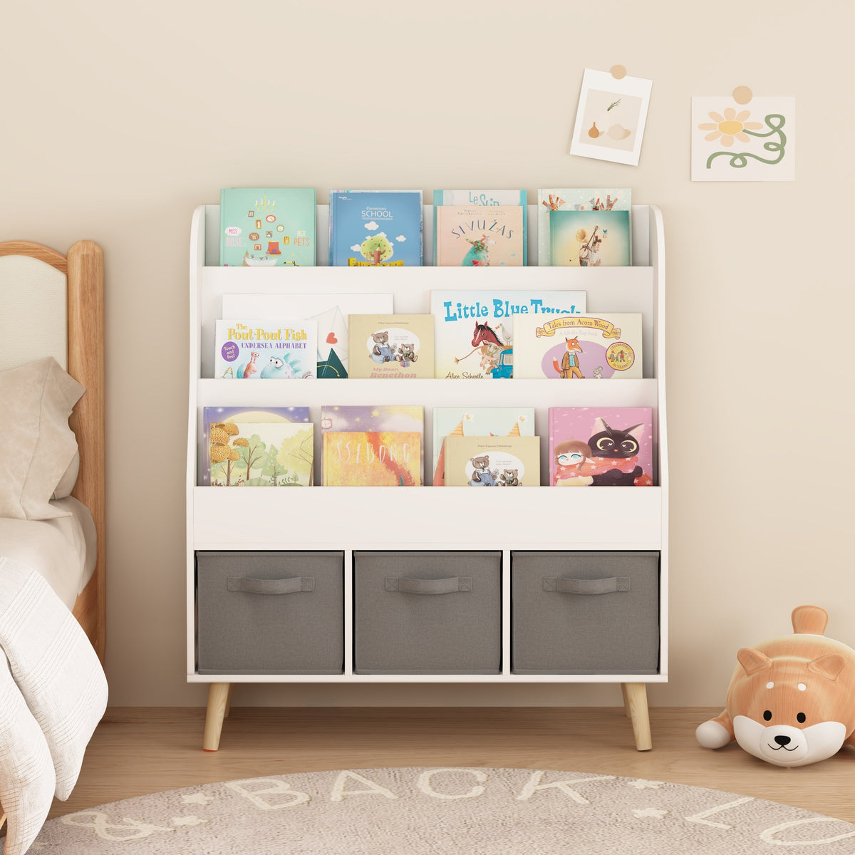 Kids Bookshelf with 3 Fabric Storage Bins, White Wooden Book Display Organizer for Toddlers and Children, Front-Facing Book Rack with Pine Legs for Playroom, Nursery, or Bedroom