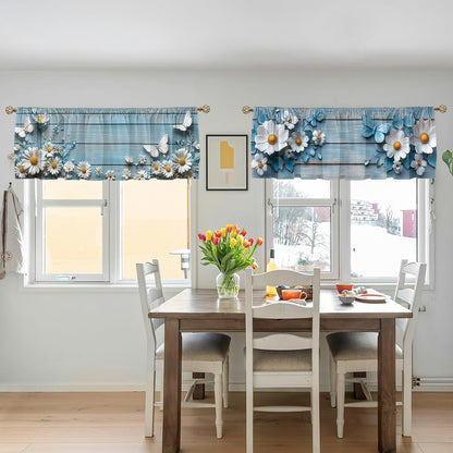 Daisy Curtain Valance for Windows 2 Pack Retro Butterfly White Blue Wood Rod Pocket Window Treatments Short Curtains for Kitchen Windows Bathroom Bedroom 54X18 Inch