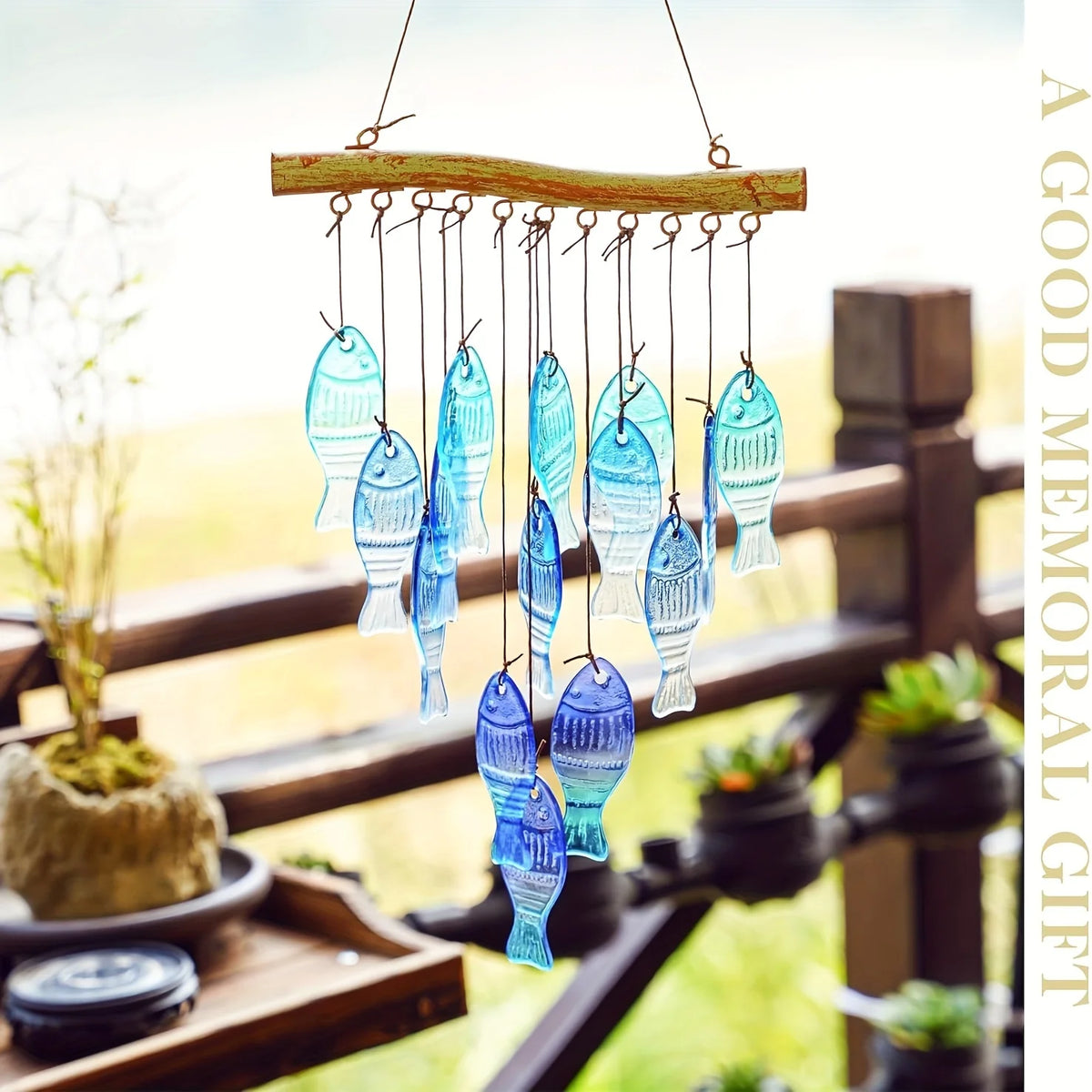 Blue Glass Sea Wind Chimes, Outdoor Glass Wind Chimes, Handcrafted Fish Wind Chimes, Large Glass Wind Chimes, Beach Parties, Wed