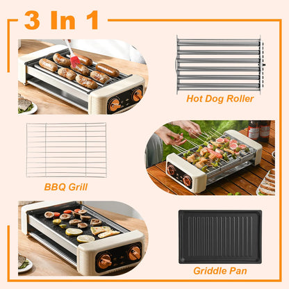 3 in 1 Electric Hot Dog Roller Machine with Grill & Griddle 6-Roller Hot Dog Cooker Smokeless Non-Stick Indoor Outdoor with 3 Temp Levels for BBQ Sausages Skewers Burgers Vegetables