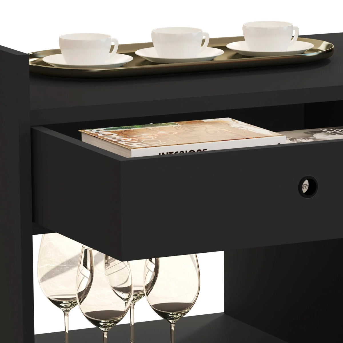 Boahaus Evershot Bar Cabinet with Open Shelves & Wooden Legs | Modern Design