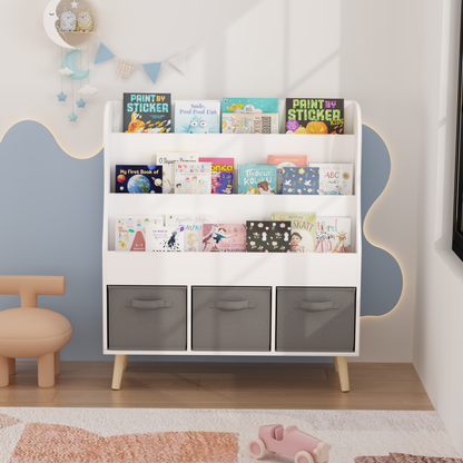 Kids Bookshelf with 3 Fabric Storage Bins, White Wooden Book Display Organizer for Toddlers and Children, Front-Facing Book Rack with Pine Legs for Playroom, Nursery, or Bedroom