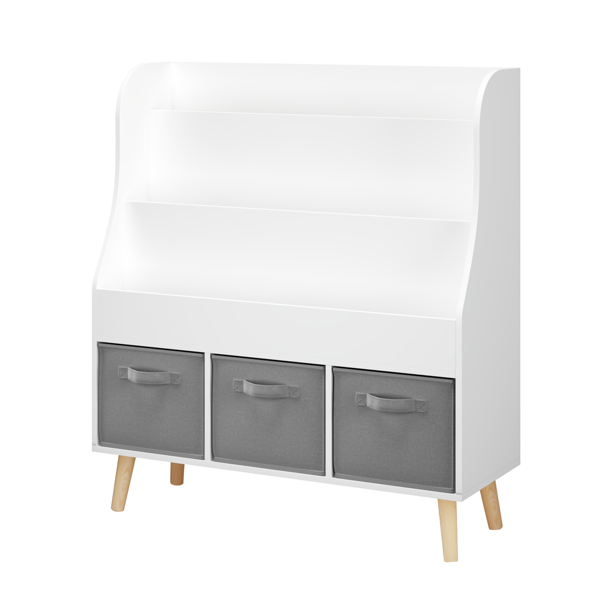 Kids Bookshelf with 3 Fabric Storage Bins, White Wooden Book Display Organizer for Toddlers and Children, Front-Facing Book Rack with Pine Legs for Playroom, Nursery, or Bedroom