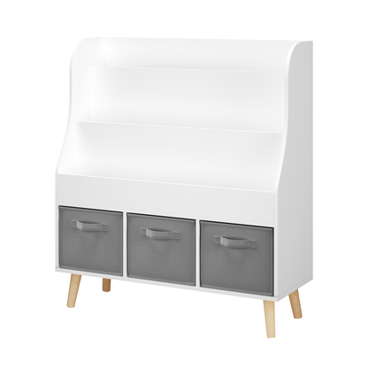 Kids Bookshelf with 3 Fabric Storage Bins, White Wooden Book Display Organizer for Toddlers and Children, Front-Facing Book Rack with Pine Legs for Playroom, Nursery, or Bedroom