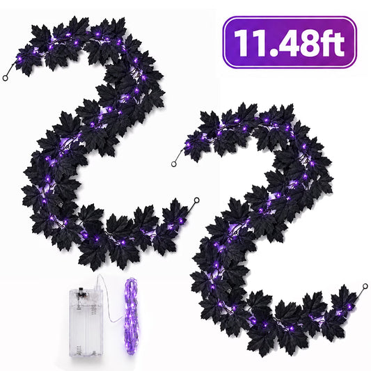 Halloween Garlands Black Maple Leaf Garland with Light for Halloween Porch Indoor Outdoor Décoration Artificial Vines for Halloween Home Party Supplies 11.48Ft Black