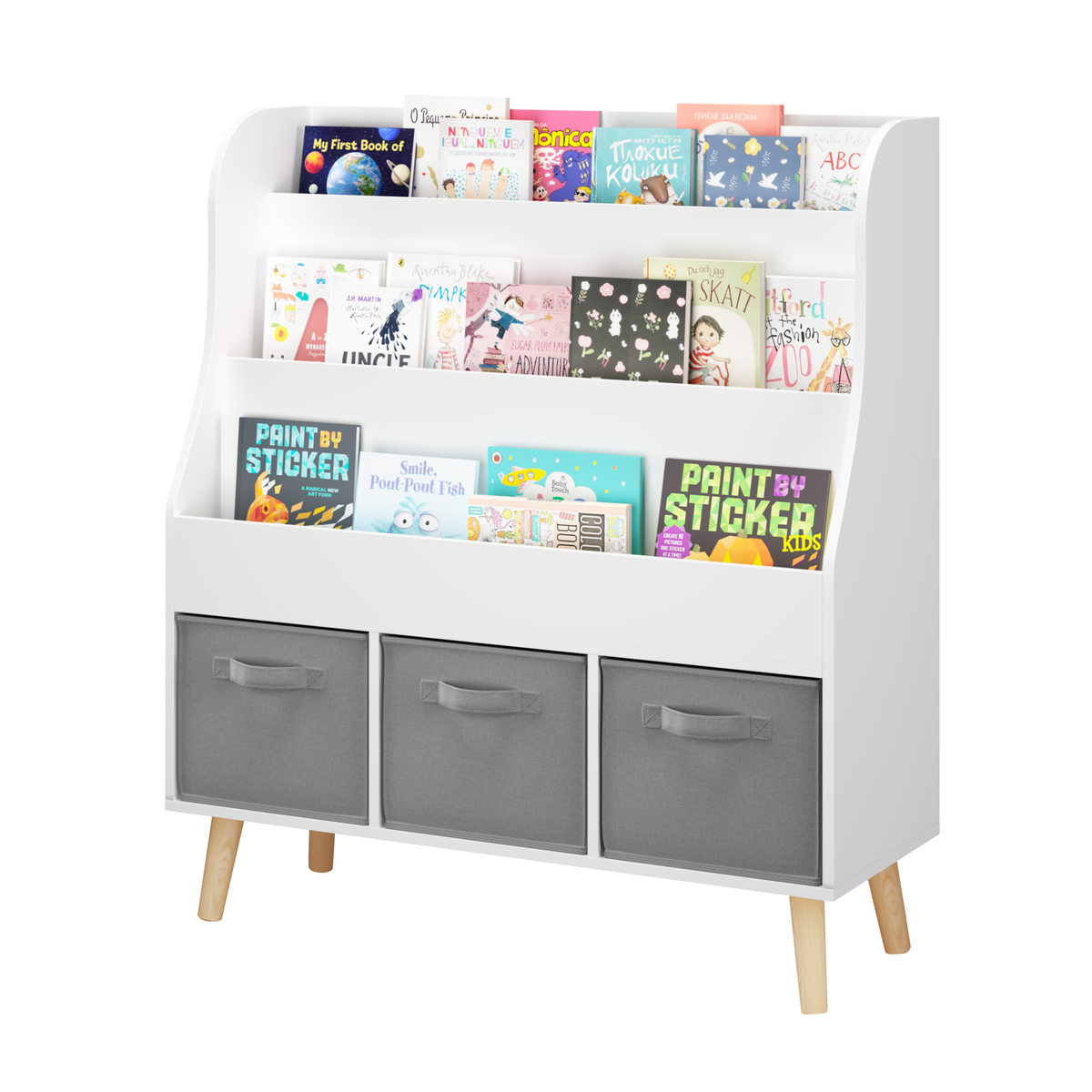 Kids Bookshelf with 3 Fabric Storage Bins, White Wooden Book Display Organizer for Toddlers and Children, Front-Facing Book Rack with Pine Legs for Playroom, Nursery, or Bedroom