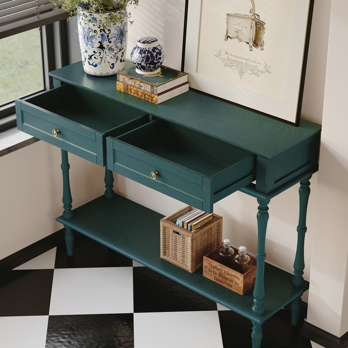 40" Modern Console Table, Assembled Entryway Table with 2 Drawers for Living Room, Green