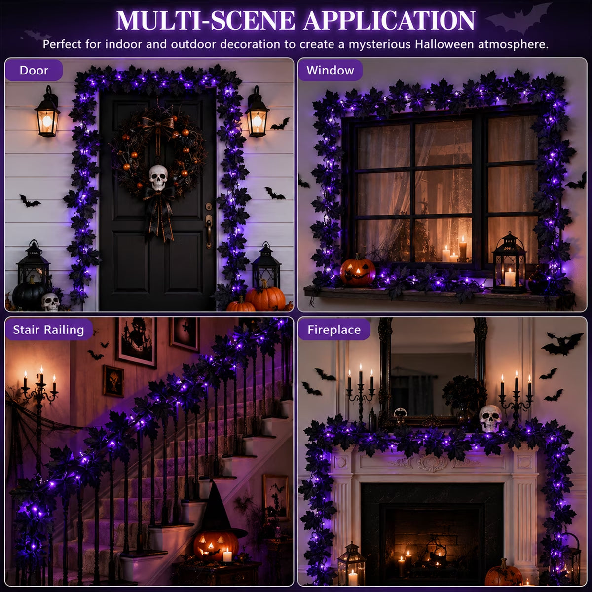 Halloween Garlands Black Maple Leaf Garland with Light for Halloween Porch Indoor Outdoor Décoration Artificial Vines for Halloween Home Party Supplies 11.48Ft Black