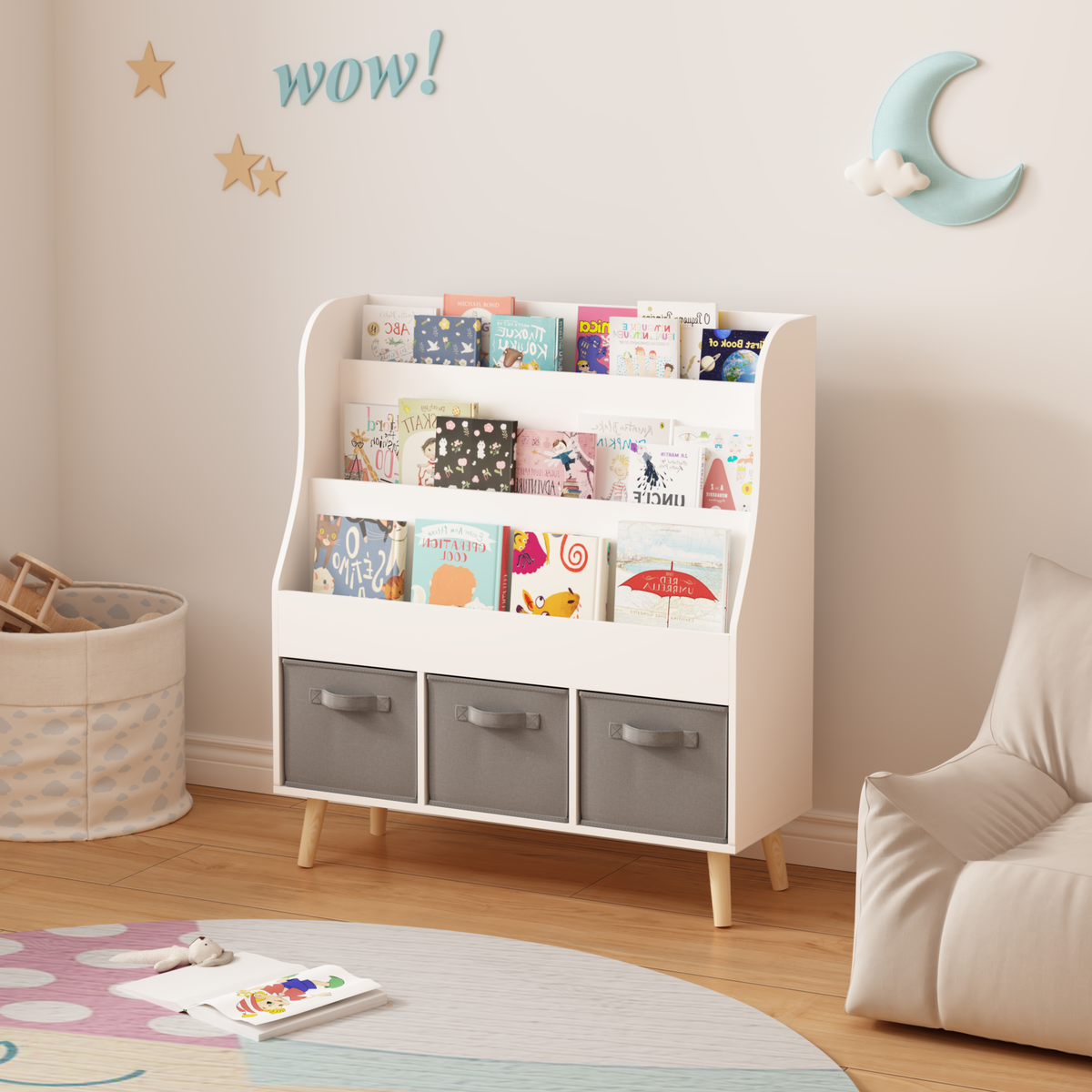 Kids Bookshelf with 3 Fabric Storage Bins, White Wooden Book Display Organizer for Toddlers and Children, Front-Facing Book Rack with Pine Legs for Playroom, Nursery, or Bedroom