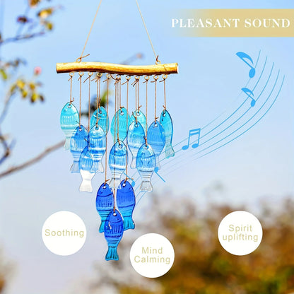 Blue Glass Sea Wind Chimes, Outdoor Glass Wind Chimes, Handcrafted Fish Wind Chimes, Large Glass Wind Chimes, Beach Parties, Wed