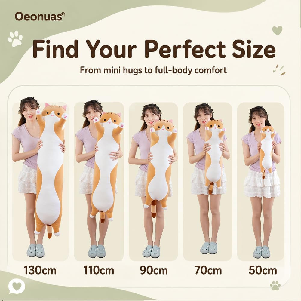 Cute Cat Plush Long Body Pillow Cuddle Cartoon Stuffed Animals Cat Plushie Soft Doll Pillows Gifts for Kids Girls (Orange, 19")