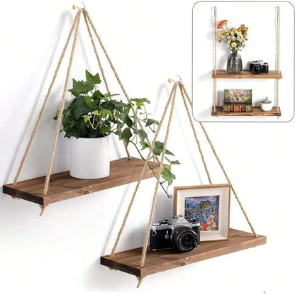 Wooden Swing Hanging Hemp Rope Wall Shelve Mounted Floating Home Living Room Plant Flower Pot Tray Storage Garden Decoration (Copy)