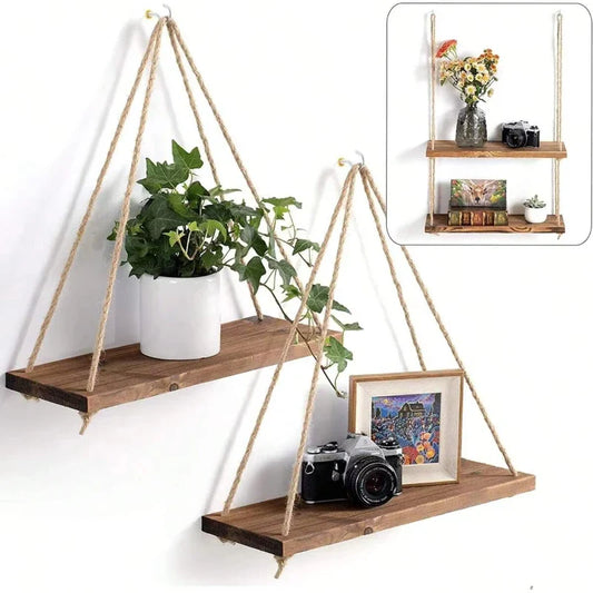 Wooden Swing Hanging Hemp Rope Wall Shelve Mounted Floating Home Living Room Plant Flower Pot Tray Storage Garden Decoration (Copy)