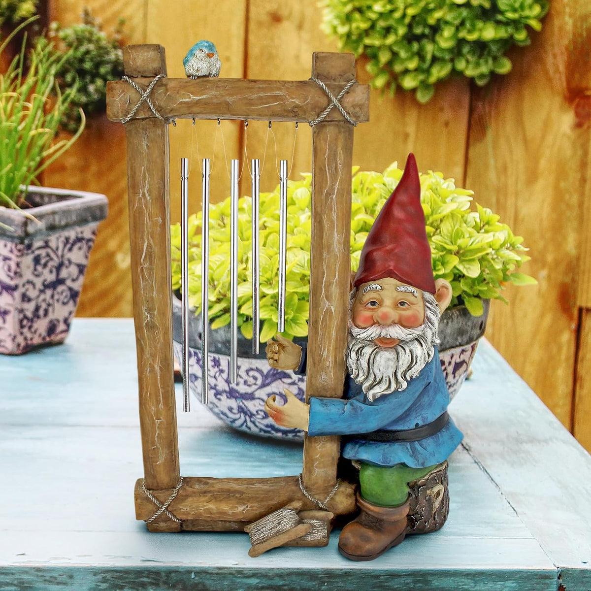 HF5152401 Garden Gnome Statue - Ringing His Chimes Garden Gnome - Lawn Gnome,Full Color