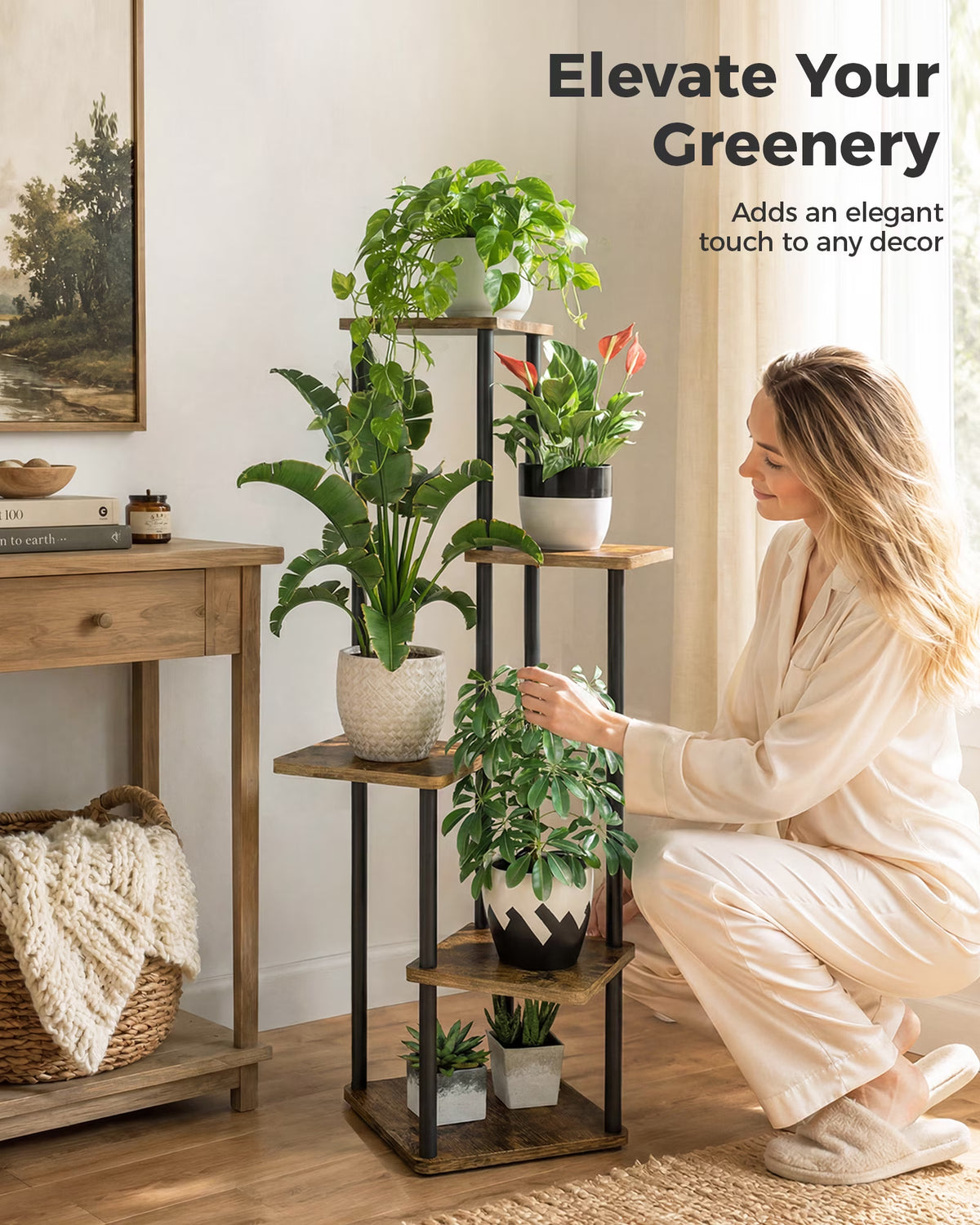 Tall Plant Stand Indoor 5 Tier Metal Plant Shelf Brown Plant Stand for Multiple Plants Small Plants Pots Flower Stand Pot Holder for Patio Garden Corner Balcony Living Room