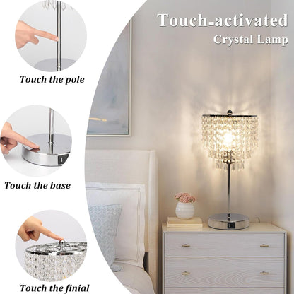 Touch Control Crystal Table Lamp with USB C+A Charging Ports, 3-Way Dimmable Bedside Touch Lamp Decorative Nightstand Lamp with Elegant Lampshade for Living Room Bedroom, B11 LED Bulb Included
