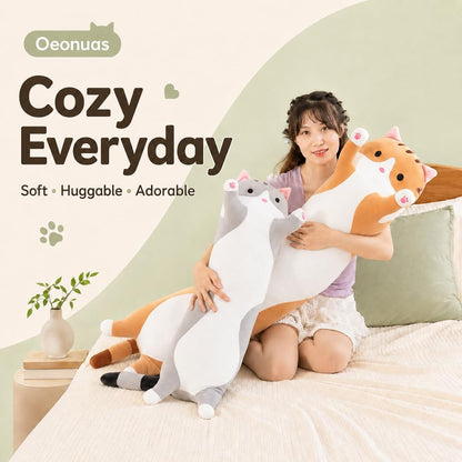 Cute Cat Plush Long Body Pillow Cuddle Cartoon Stuffed Animals Cat Plushie Soft Doll Pillows Gifts for Kids Girls (Orange, 19")