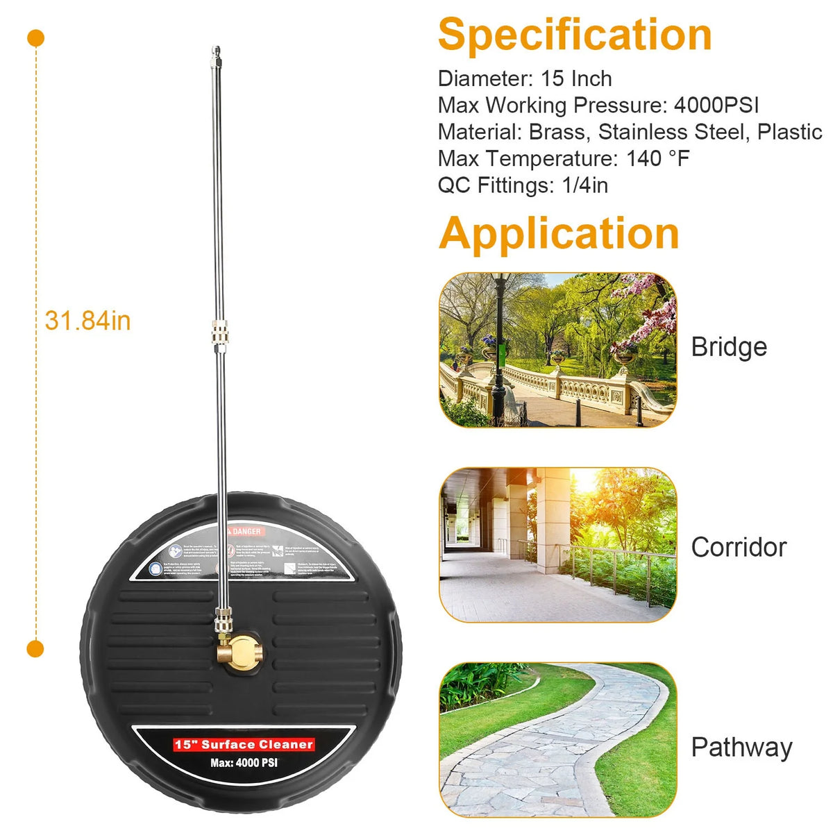 1 Set 15In High Pressure Flat Surface Cleaner 4000PSI Disc Power Washer Broom with 2 Washer Extension Wands 2Pc Replacement Nozzles