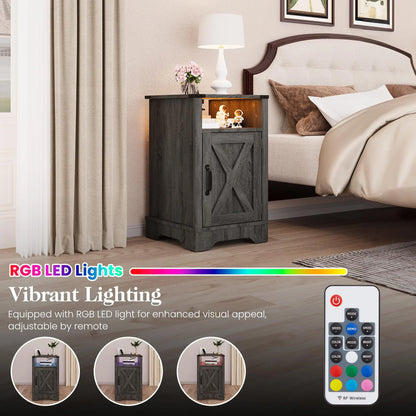LED Nightstand Set of 2 with Charging Station, Bedside Table with Storage Cabinet and Shelf, Rustic End Table, Farmhouse Wooden Side Table, for Bedroom, Living Room, Dark Gray