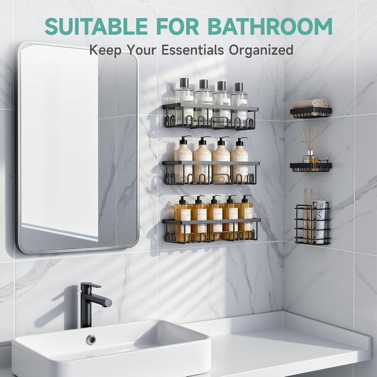 Shower Caddy 6-Pack, Bathroom Organizers and Storage Shelves, Black