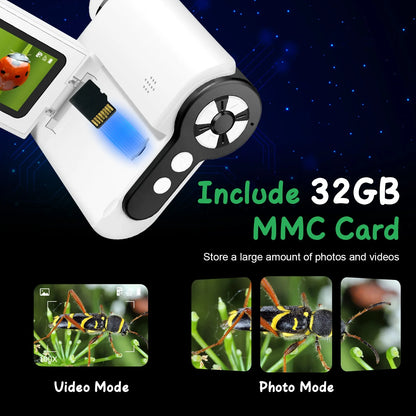1Pc 3 in 1 Kids Microscope Telescope Camera 1,000X Handheld USB Mini Microscope with LED Light 6 Sample Slides 32G MMC Card for Boys Girls Aged 6 Years Old