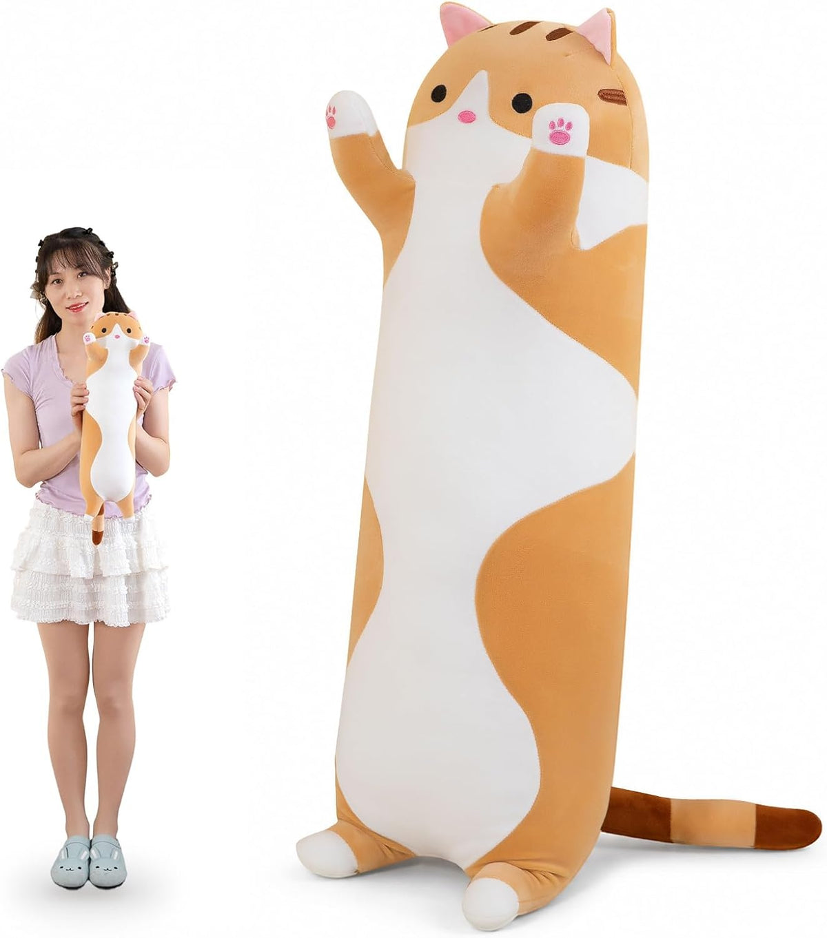 Cute Cat Plush Long Body Pillow Cuddle Cartoon Stuffed Animals Cat Plushie Soft Doll Pillows Gifts for Kids Girls (Orange, 19")