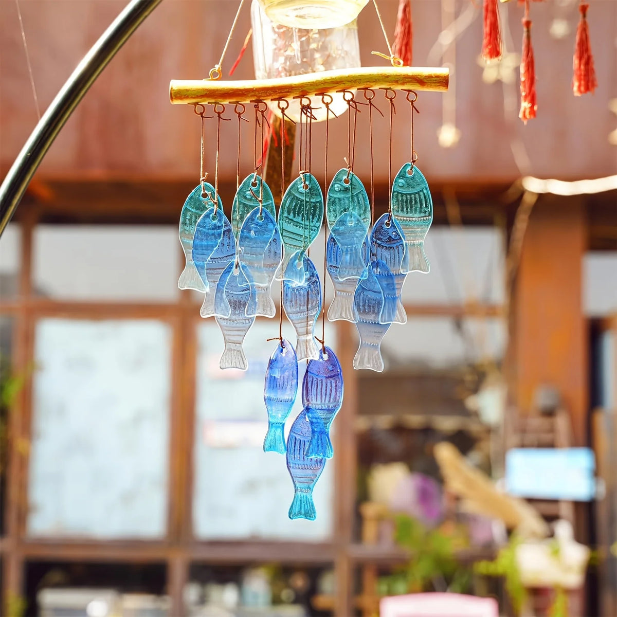 Blue Glass Sea Wind Chimes, Outdoor Glass Wind Chimes, Handcrafted Fish Wind Chimes, Large Glass Wind Chimes, Beach Parties, Wed