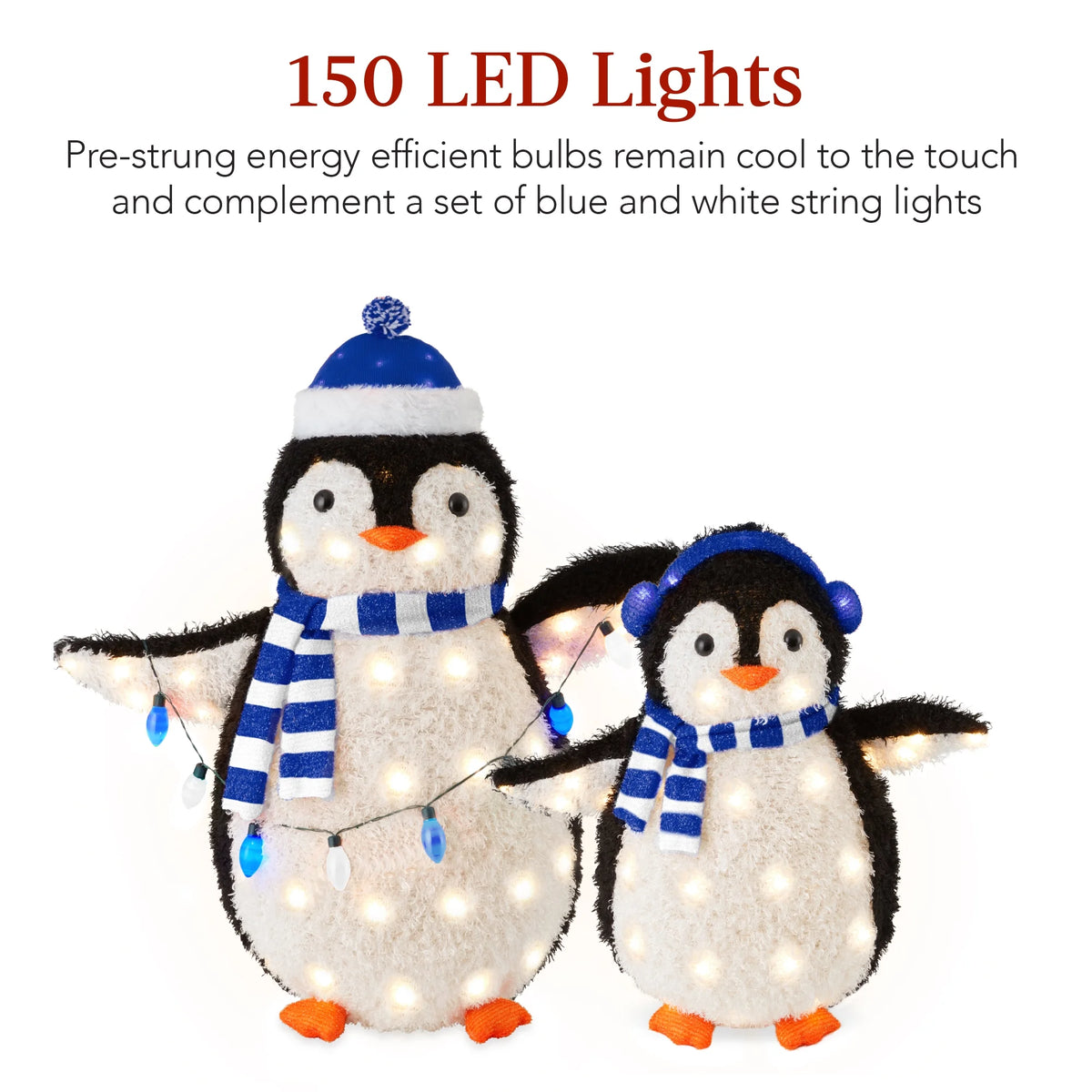 2-Piece Lighted 3Ft Pop-Up Penguin Family Outdoor Christmas Decoration W/150 LED Lights, Blue/White