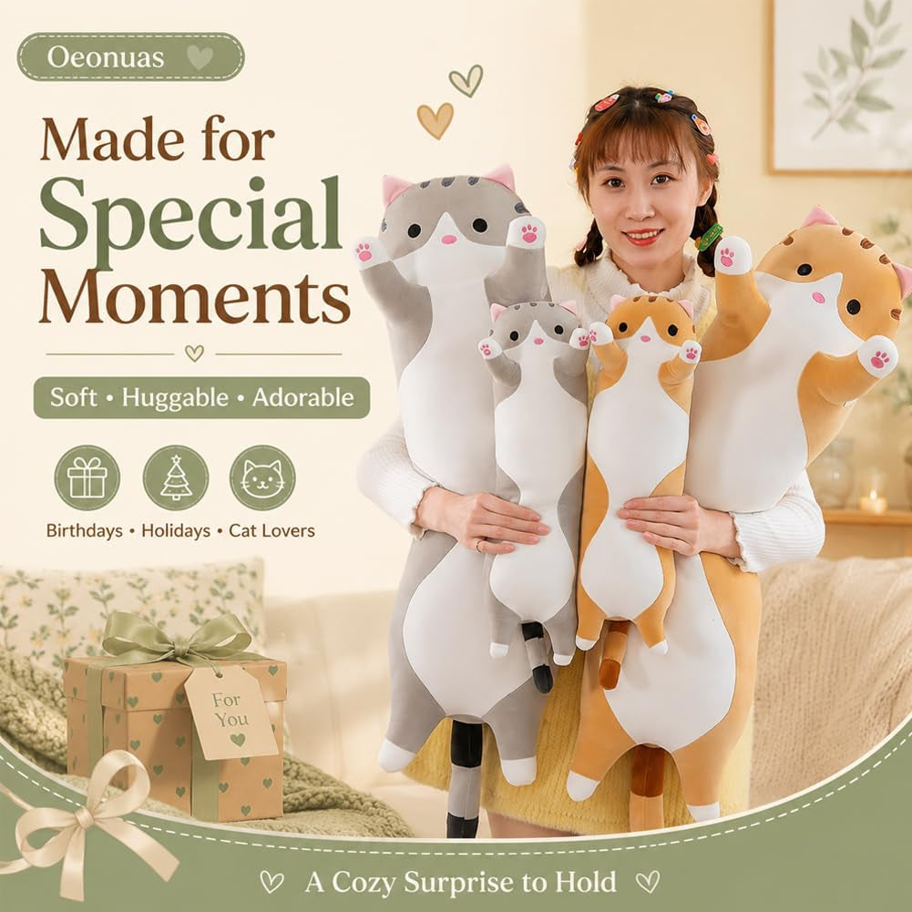 Cute Cat Plush Long Body Pillow Cuddle Cartoon Stuffed Animals Cat Plushie Soft Doll Pillows Gifts for Kids Girls (Orange, 19")