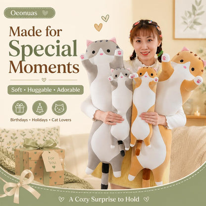 Cute Cat Plush Long Body Pillow Cuddle Cartoon Stuffed Animals Cat Plushie Soft Doll Pillows Gifts for Kids Girls (Orange, 19")