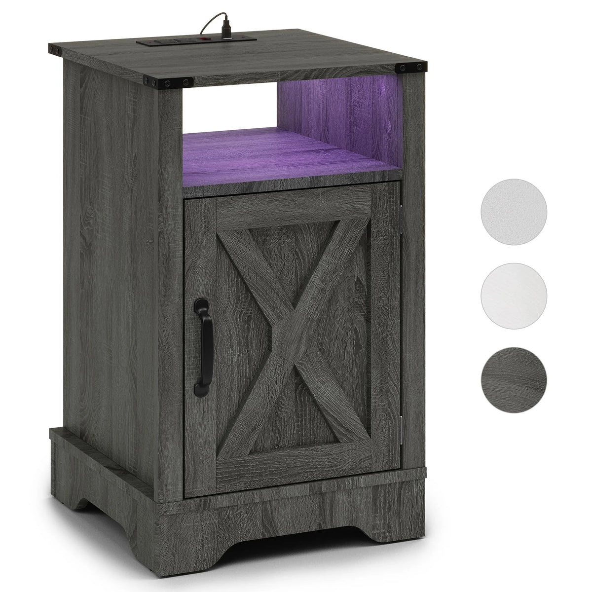 LED Nightstand Set of 2 with Charging Station, Bedside Table with Storage Cabinet and Shelf, Rustic End Table, Farmhouse Wooden Side Table, for Bedroom, Living Room, Dark Gray