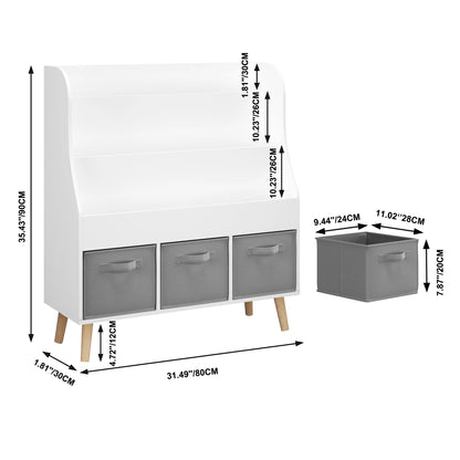 Kids Bookshelf with 3 Fabric Storage Bins, White Wooden Book Display Organizer for Toddlers and Children, Front-Facing Book Rack with Pine Legs for Playroom, Nursery, or Bedroom