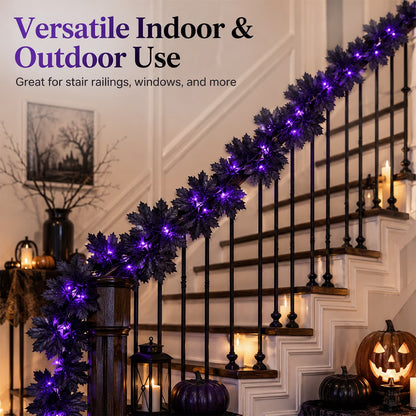 Halloween Garlands Black Maple Leaf Garland with Light for Halloween Porch Indoor Outdoor Décoration Artificial Vines for Halloween Home Party Supplies 11.48Ft Black