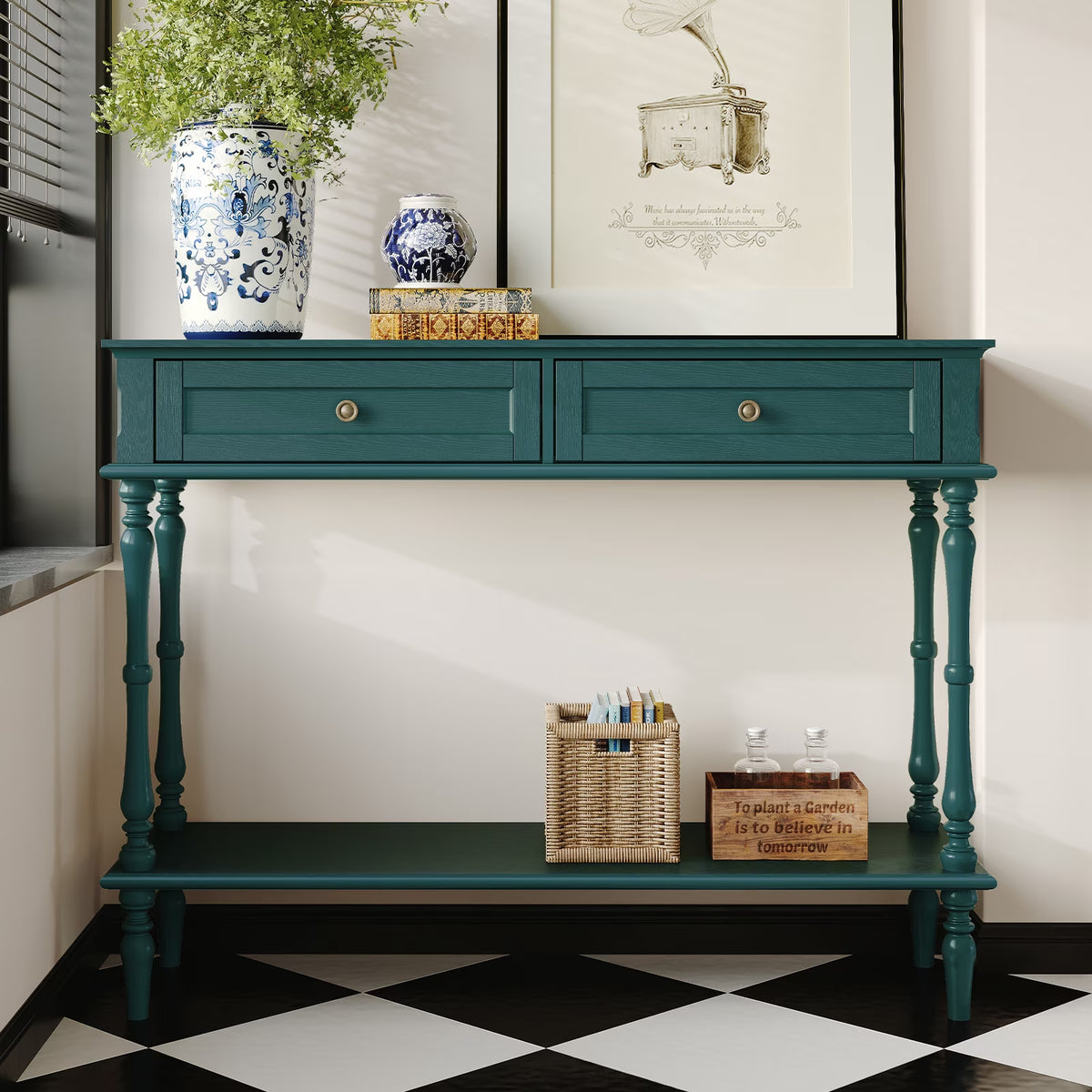 40" Modern Console Table, Assembled Entryway Table with 2 Drawers for Living Room, Green