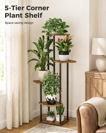 Tall Plant Stand Indoor 5 Tier Metal Plant Shelf Brown Plant Stand for Multiple Plants Small Plants Pots Flower Stand Pot Holder for Patio Garden Corner Balcony Living Room