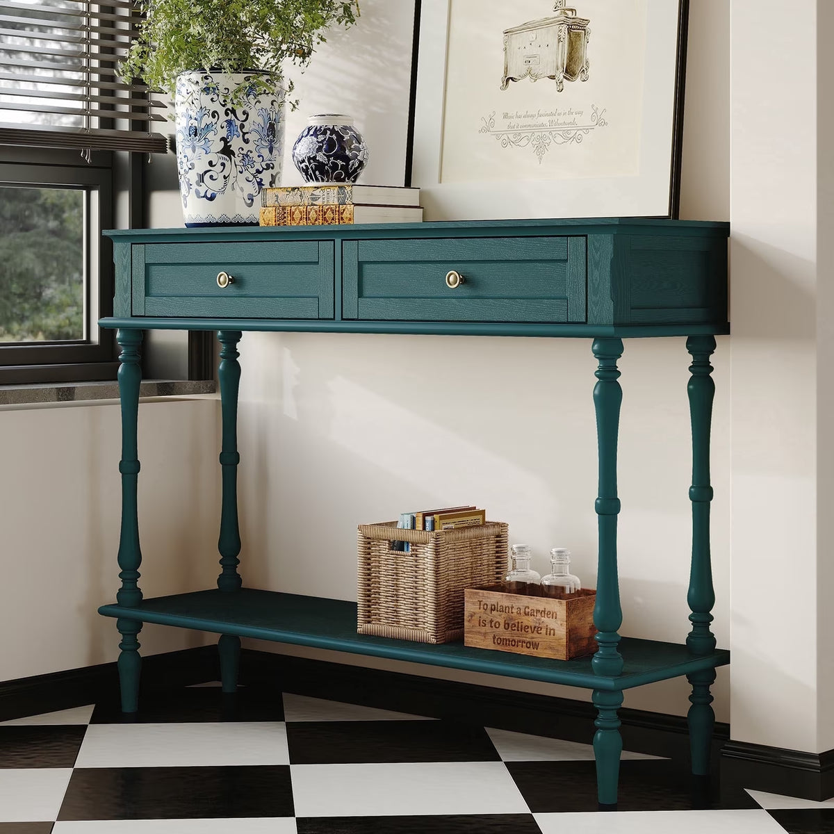 40" Modern Console Table, Assembled Entryway Table with 2 Drawers for Living Room, Green