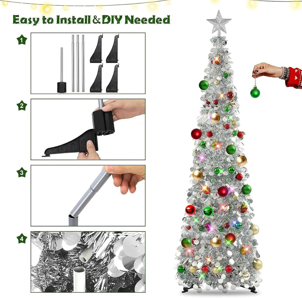 Pop up Christmas Tree with Lights & 30 Balls, 5Ft Collapsible Silver Tinsel Christmas Tree Decoration for Holiday Home Office Decor